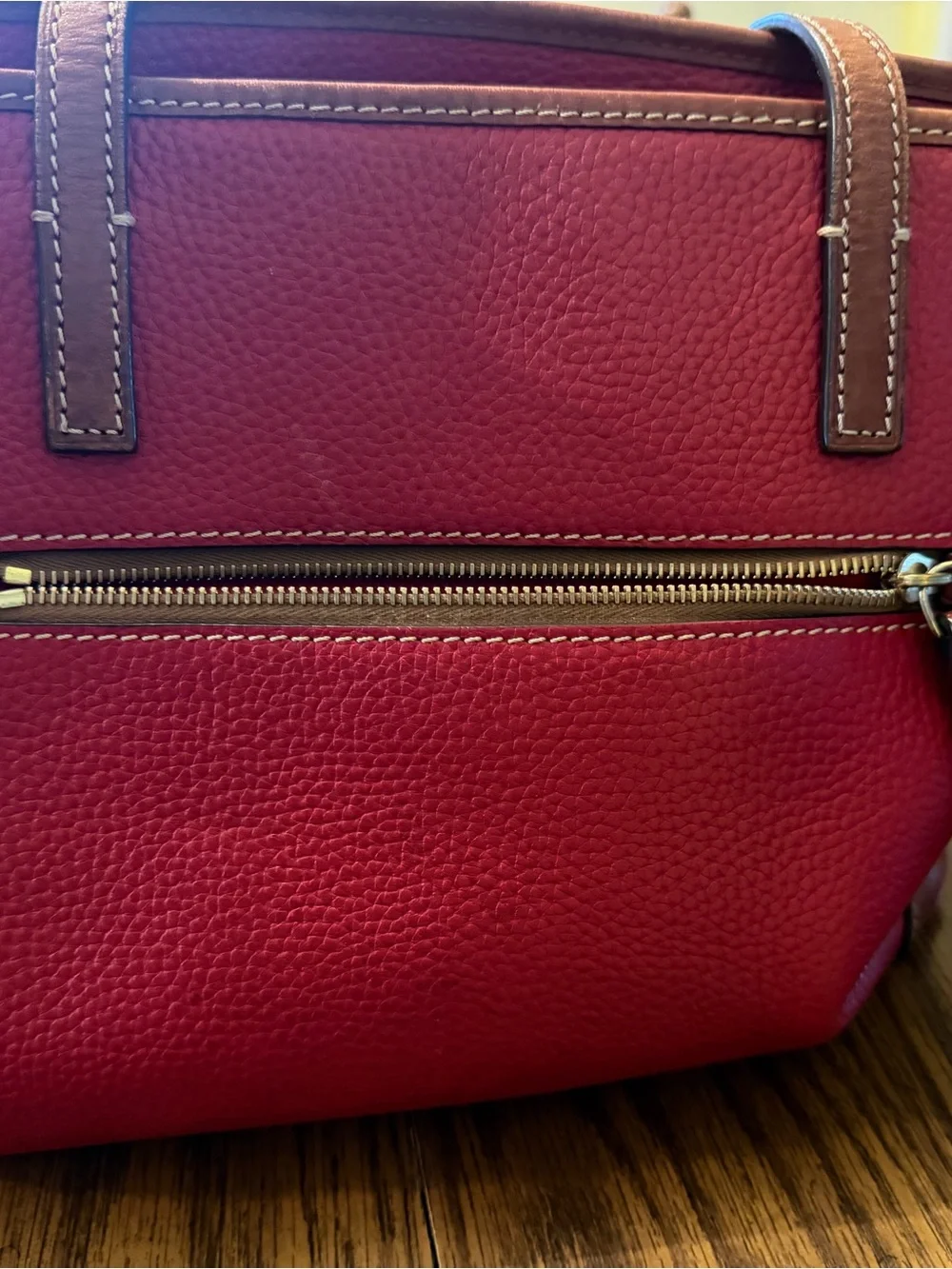 Dooney & Bourke Red Pebble Leather Tote with Brown Trim and Tag